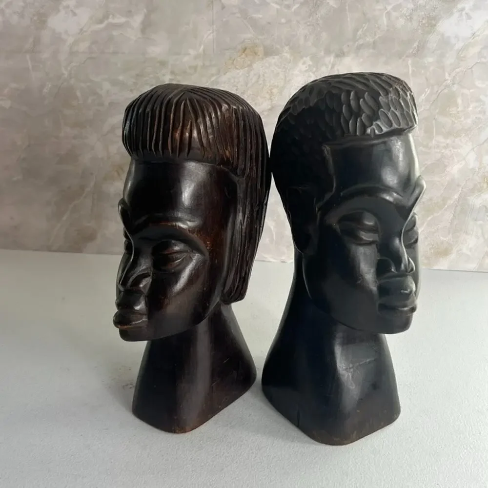 Vintage African Hand Carved Ebony Wood Head Sculptures 10.5